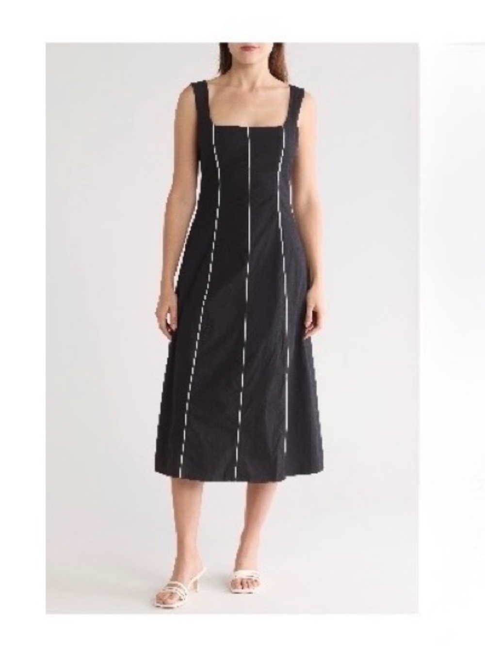 Black Square-Neck Midi Dress with Contrast Stitching